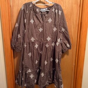 Dark Olive Linen Dress with White Embroidery